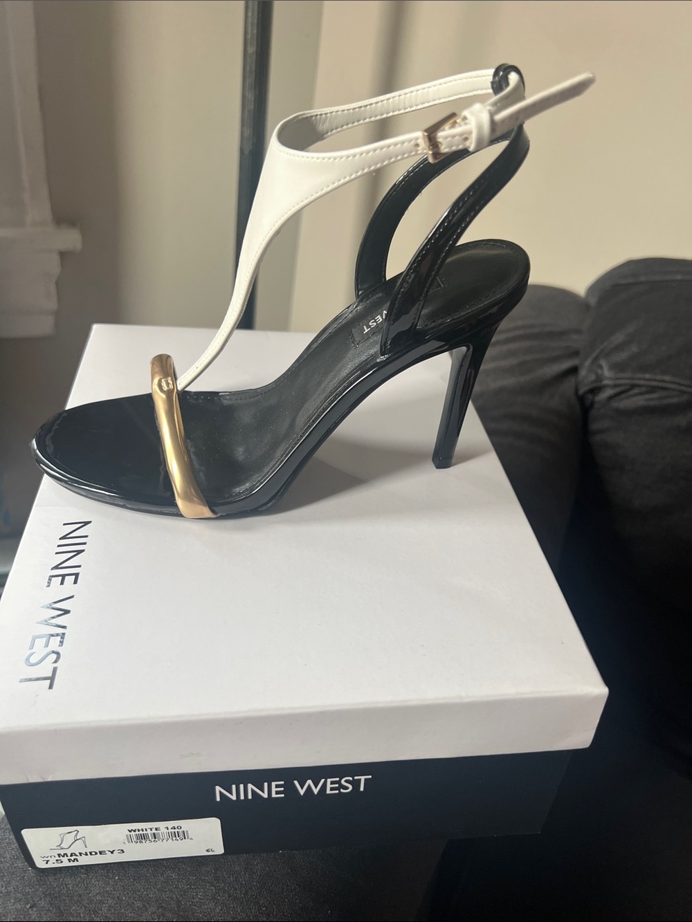 Nine West Mandey 3-Black &White T-Strap Stiletto Sandals with Gold Accent